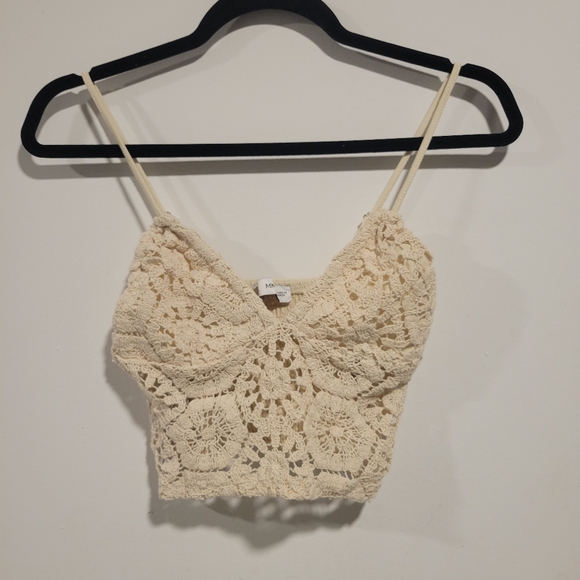 Mango Tops - Mango cream crochet v neck spaghetti strap cropped, tank top